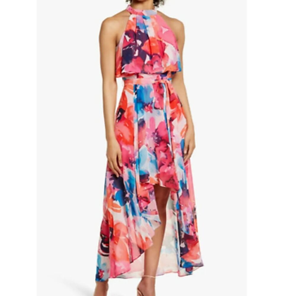 NWT Eliza J Floral Halter Neck Popover High Low Dress 14
